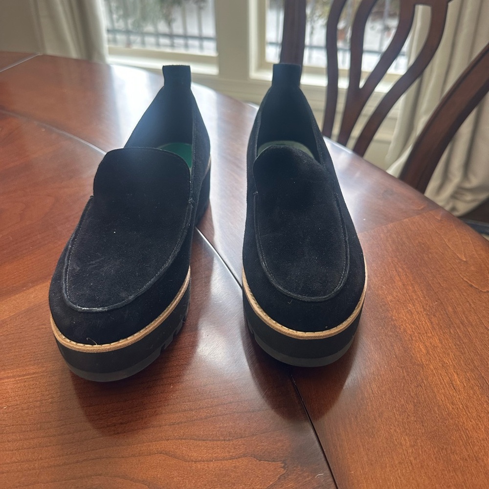 Eileen Fisher Black Suede Loafers with Platform Sole